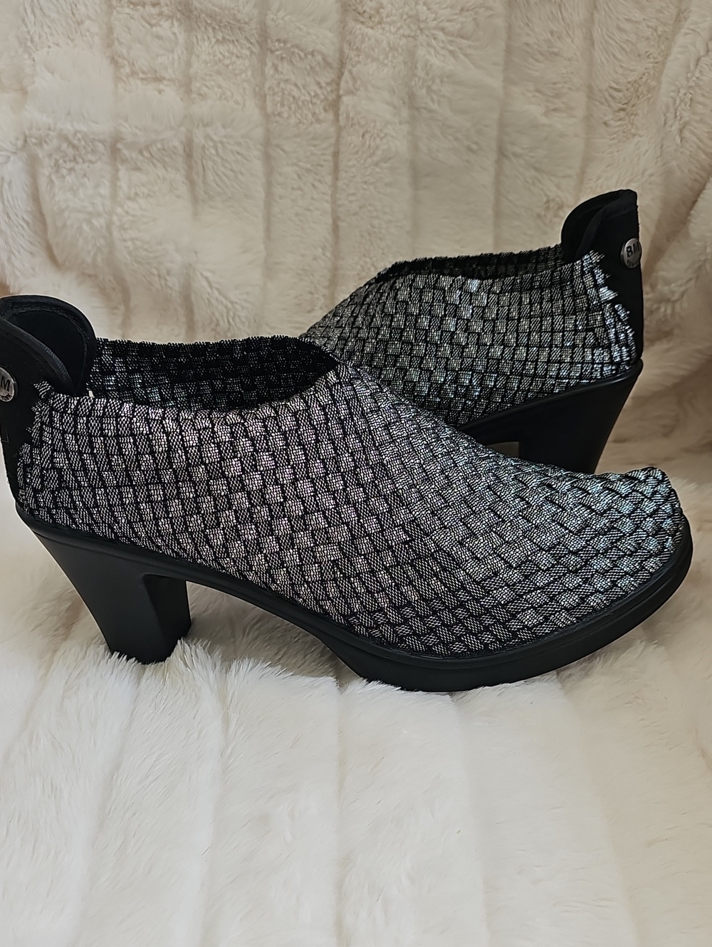 bernie mev. Shimmering Pewter Woven Stretch-Heel Clog